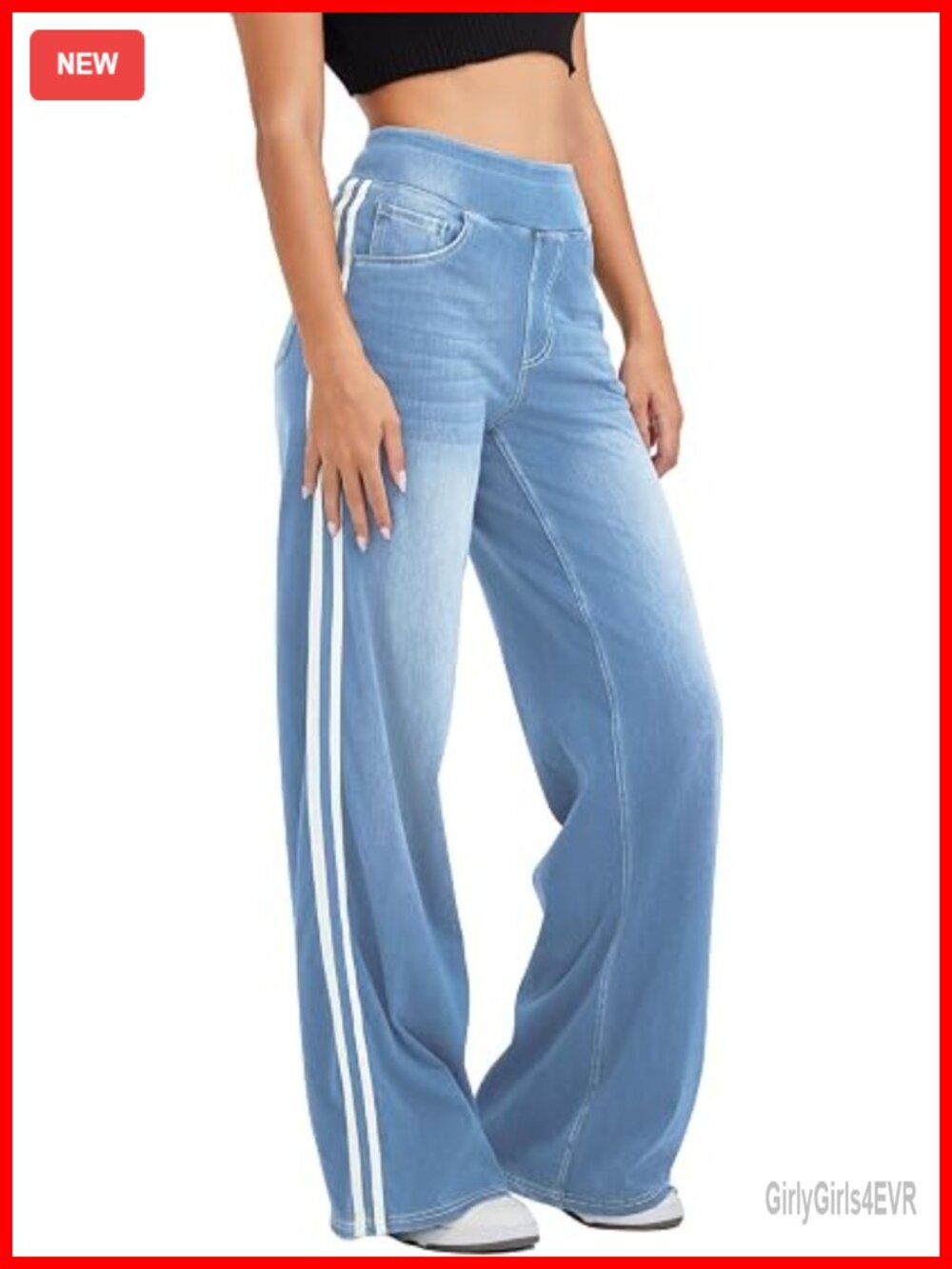 High Waisted Wide Leg Baggy Jeans with Color Block Design, Stretchy Denim Pants